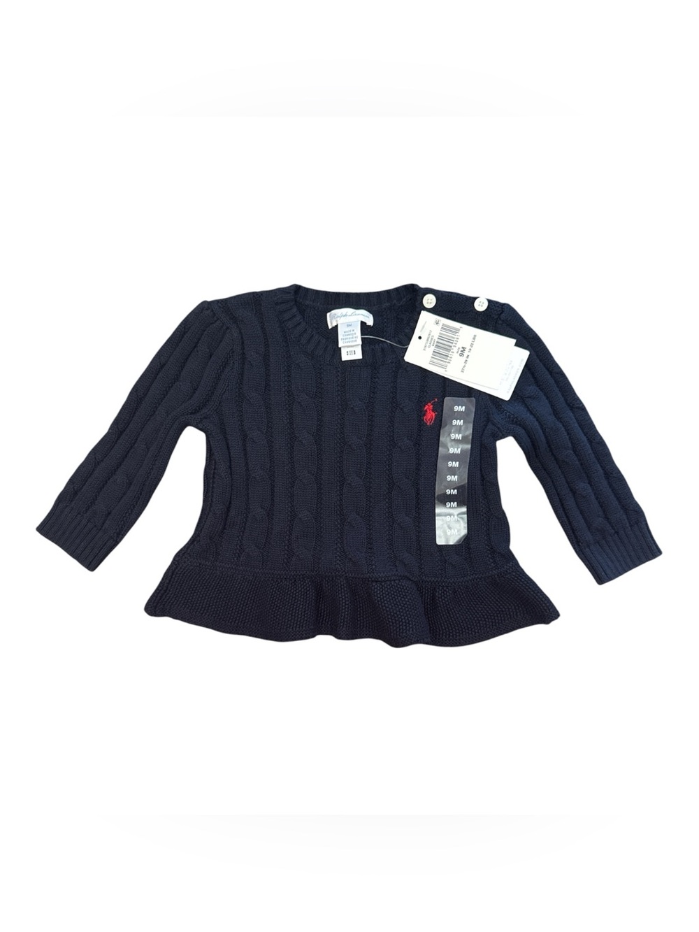 Ralph Lauren Navy Cable Knit Peplum Baby 9M 19-22lbs Sweater with Red Pony NWT
